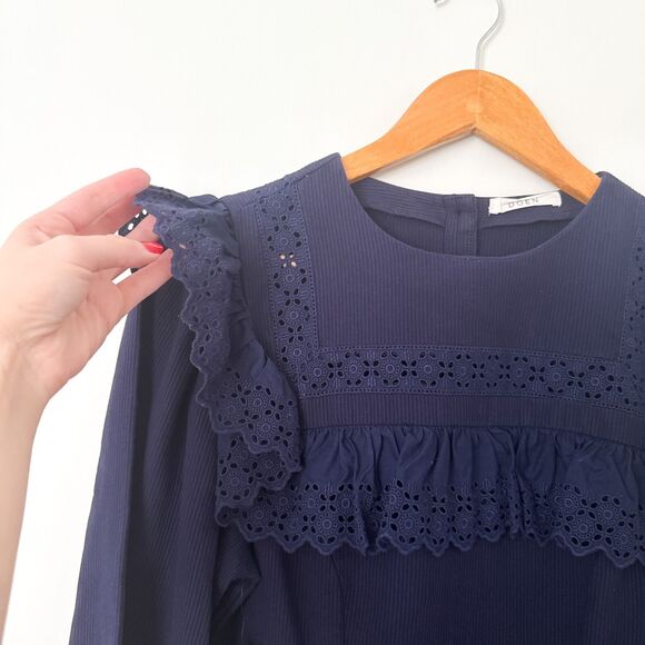 Doen Minore Dress Navy Size S Eyelet Collared Long Sleeve Organic Cotton Cottage - Picture 8 of 13